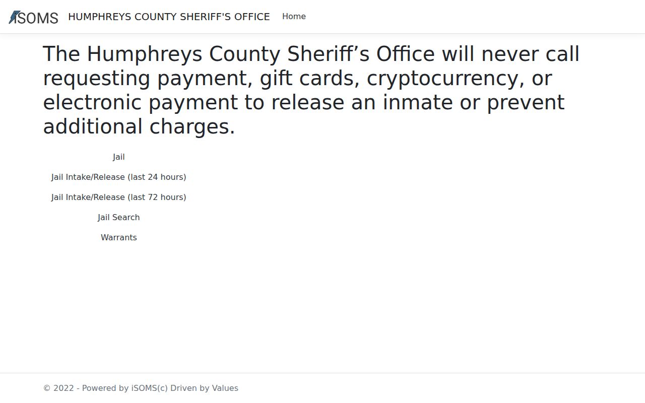 Humphreys County arrest history official booking endpoint