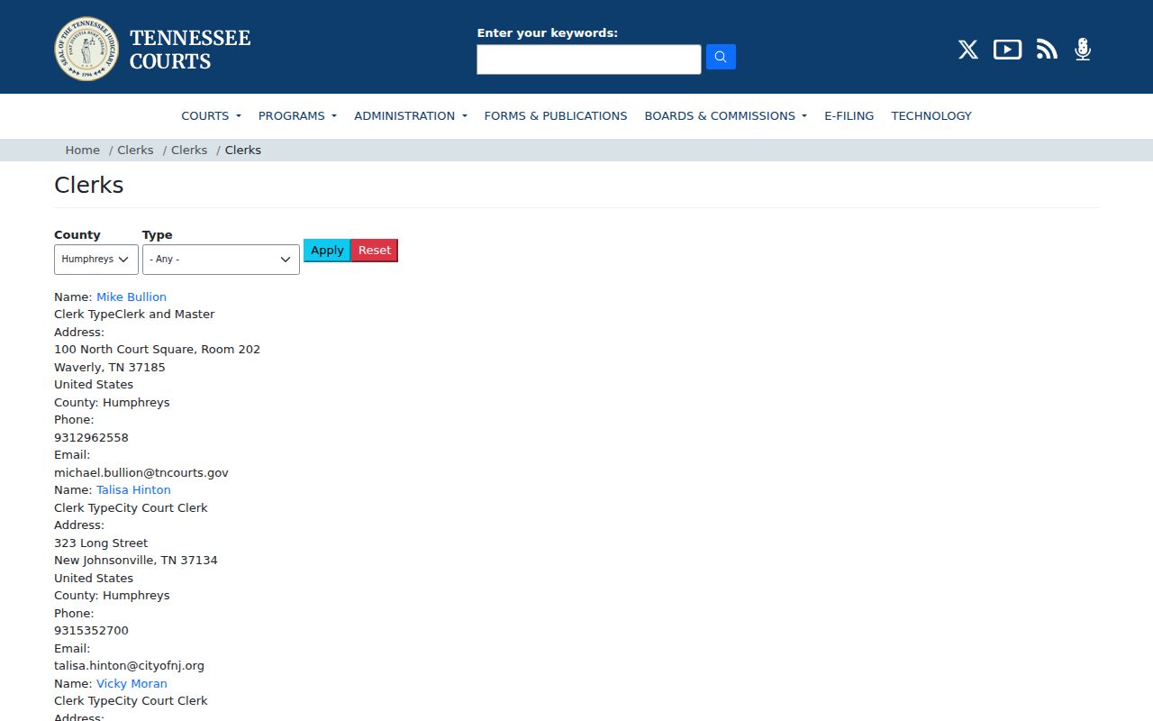 Humphreys County criminal court clerk directory