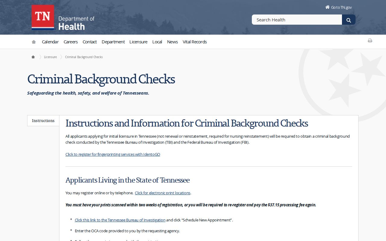 Humphreys County criminal history fingerprint check instructions