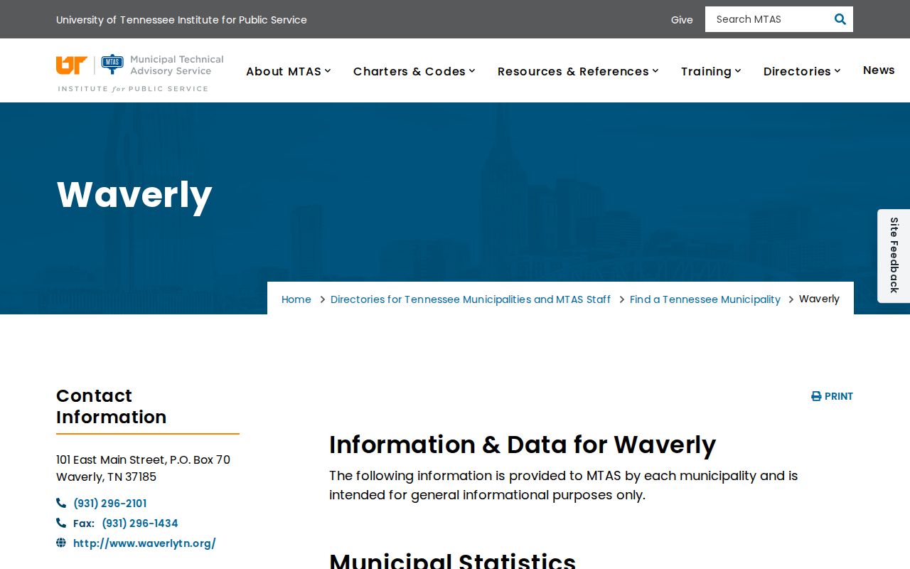 University of Tennessee MTAS municipal profile for Waverly
